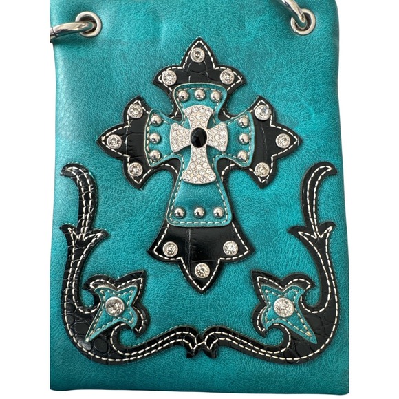 Y2K Western Turquoise Rhinestone Glam Crossbody Bag Cowgirl Biker Chic Purse - Picture 3 of 6